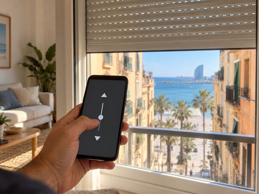 Móvil con la app de las persianas abierta junto a una ventana con la persiana a medio subir