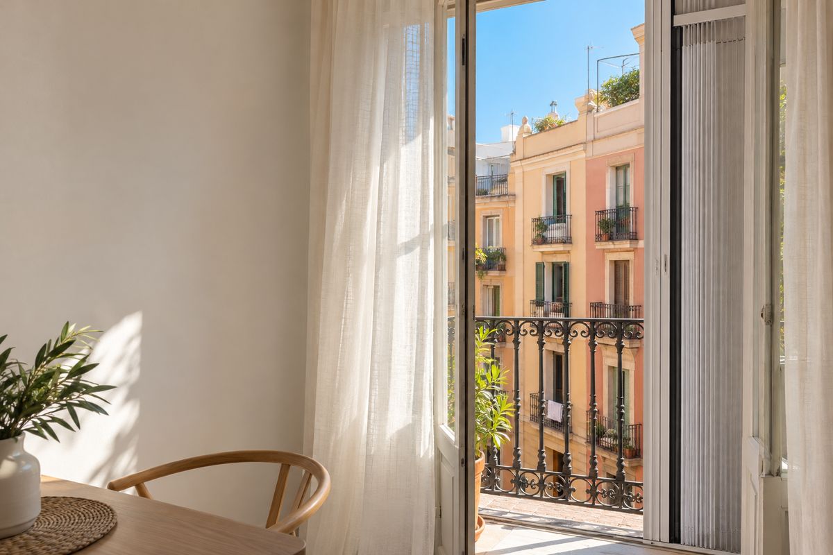 Mosquitera plisada recogida en la puerta estrecha de un balcón de la Barceloneta, con la persiana subida