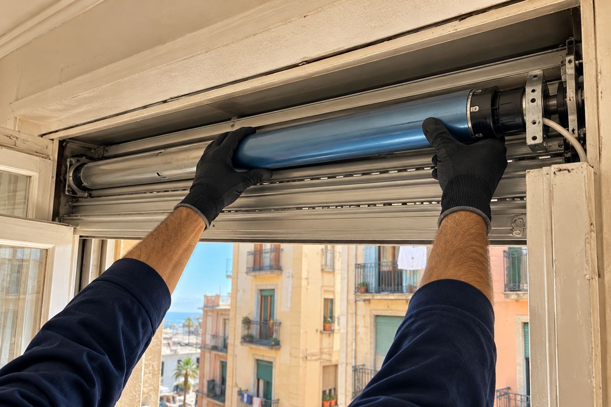 Motor tubular a punto de entrar en el tubo de una persiana de balcón en un quart de casa de la Barceloneta