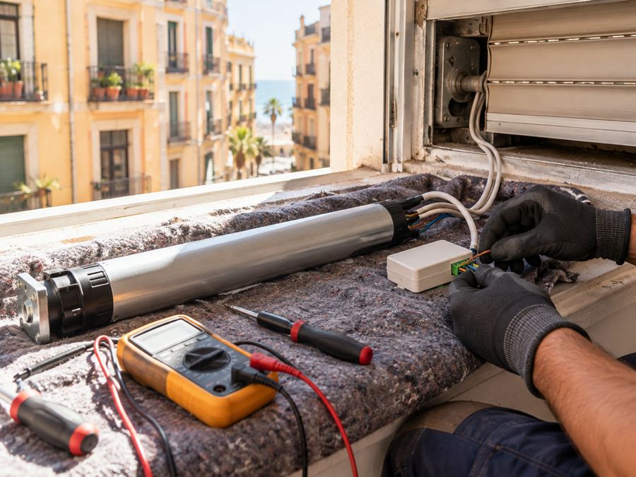 Motor tubular y receptor de una persiana eléctrica junto al cajón abierto