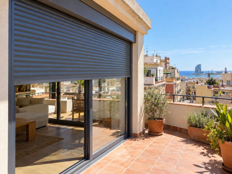 Persiana ancha de la terraza de un ático bajada a media altura para frenar el sol