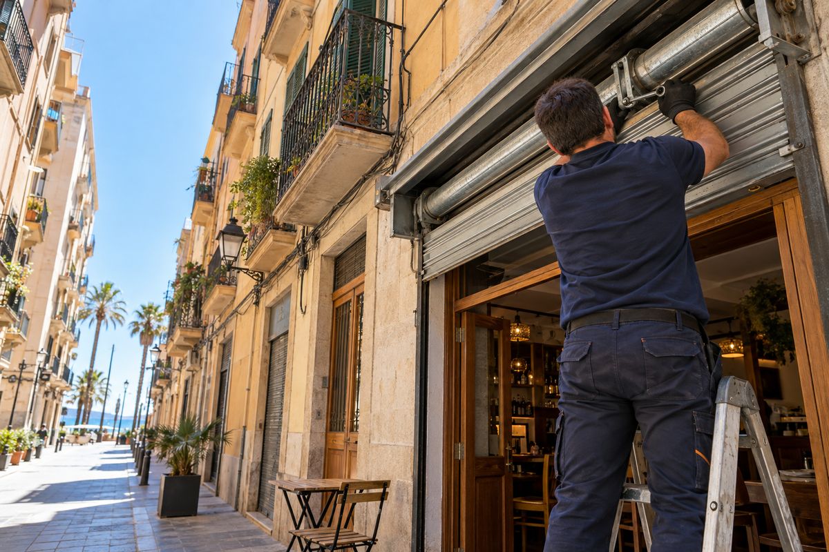 Técnico ajustando el eje de la persiana metálica de un bar de planta baja en la Barceloneta